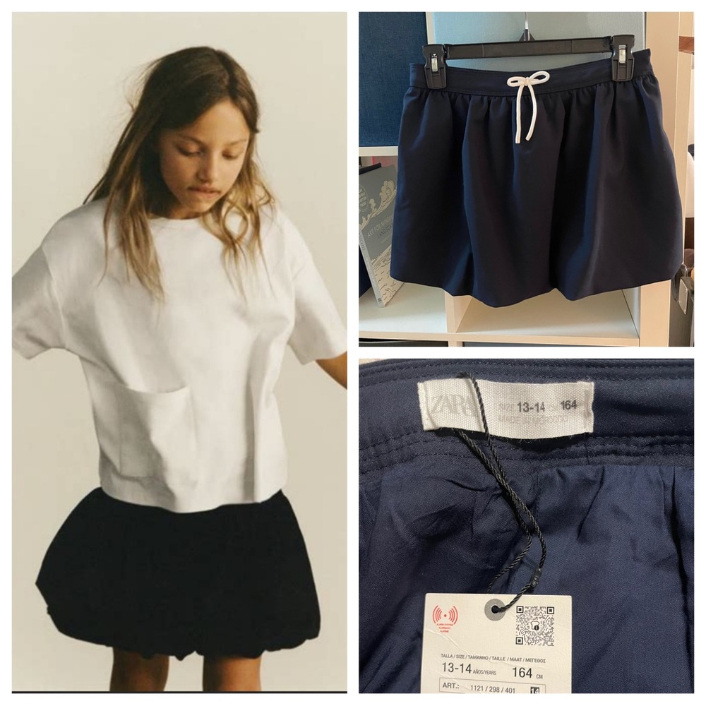 Zara NWT Kids Navy Blue Bubble Skirt with White Tie sz 13-14y